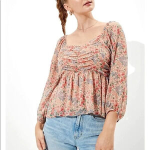 American Eagle Baby Doll Floral boho ruched multi color Top XS